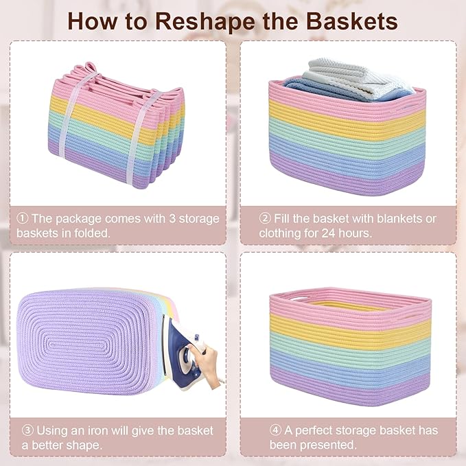 Woven Storage Baskets, Rainbow Baskets for Organizing, 3 Pack Woven Basket for Storage, Storage Baskets for Shelf, Towel, Toy, Book, Closet, Baby 15"×10"×9"