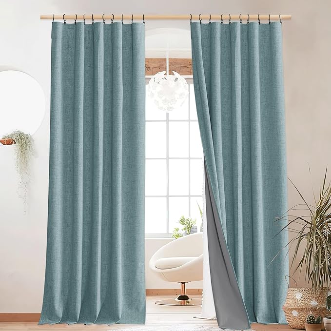 NICETOWN Skylark Blue Blackout Linen Curtains 95" Long, Rod Pocket Back Tab Full Light Blocking Drapes with White Thermal Insulated Liner for Nursery, Hall, Villa (2 Pieces, 52" Wide Each Panel)