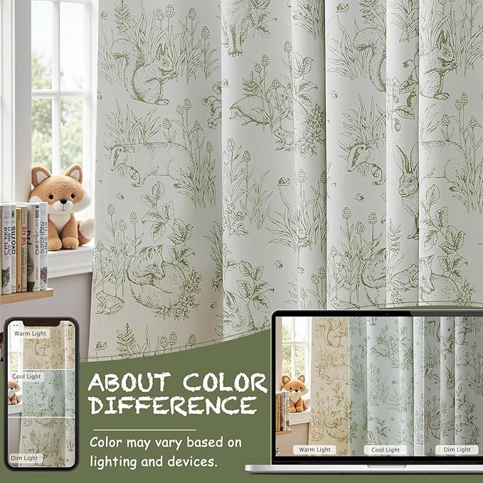 jinchan Blackout Nursery Curtains 72 Inches Long, Bunny Woodland Toile Curtains Sage Green on Beige Animal Printed Drapes for Bedroom Rod Pocket Thermal Insulated Farmhouse Window Treatment 2 Panels