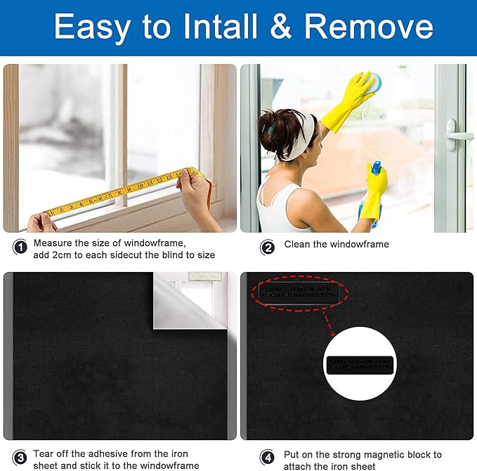 100% Blackout Blind Magnetic Window Cover 118 x 57Inch,No Drill,Cut Any Size/Shape,Portable Black Out Shades Curtains for Nursery Bedroom,Rv,Media Room with Magnetic Closure