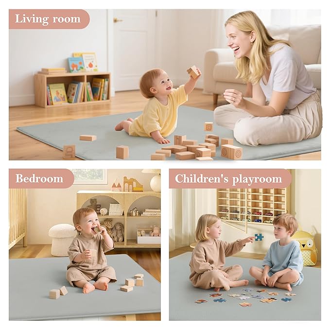 PapaMama Baby Play Mat for Floor,1.3" Thick Elasti-Foam 50"×50" Playpen Mat for Tummy Time,Water Repellent Soft Coral Velvet for Toddler,Infant,Kids,Non-Slip Backing Safe for Crawling(LightGrey)