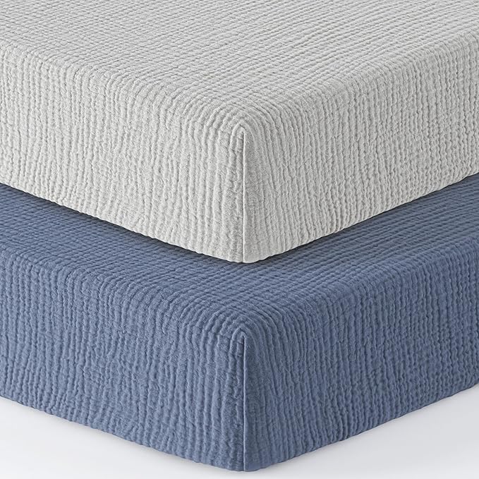 Bearmoss Muslin Crib Sheets 100% Cotton Baby Crib Sheets Fitted for Standard Crib Mattress & Toddler Bed Mattress 52"x28" Soft Breathable Crib Sheet Neutral for Boys Girls - 2 Pack (Blue Elephant)