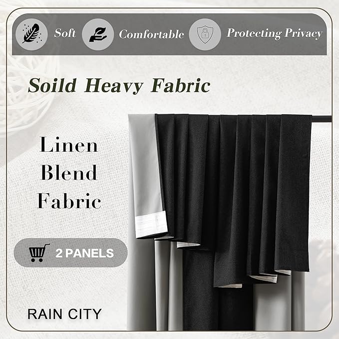RAIN CITY Blackout Curtains 50 x 84 Inch Long Linen Blend Black Out Curtains 2 Panels Set Burg, Back Tab Rod Pocket Room Darkening Textured Curtain Window Drapes for Bedroom Living Room-Black