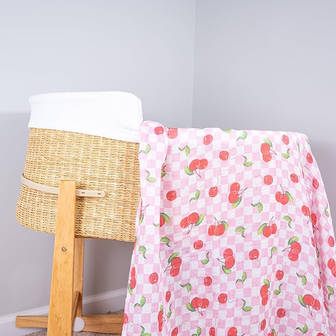 LollyBanks 100% Cotton Baby Swaddle Blanket for Baby Girls, Gentle and Soft Muslin Swaddle, Lightweight 47 x 47 Inches Swaddling Blankets for Newborn, Baby Girl Newborn Essentials (Cherry Print)