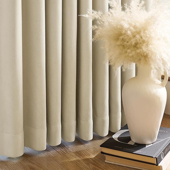 Chenille Blackout Curtains for Bedroom 96 Inches Long Light Block Living Room Curtains Beige Room Darkening Drapes Triple Weave Noise Reducing Drapes Thick Thermal Insulated Window Curtains 2 Panels