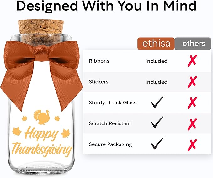 Ethisa Small 12 Pack Thanksgiving Glass Jars with Ribbons and Stickers - Candy Party Favors for Adults - Thanksgiving Party Favors and Table Centerpieces Decorations - Sturdy Decor Treat Jars