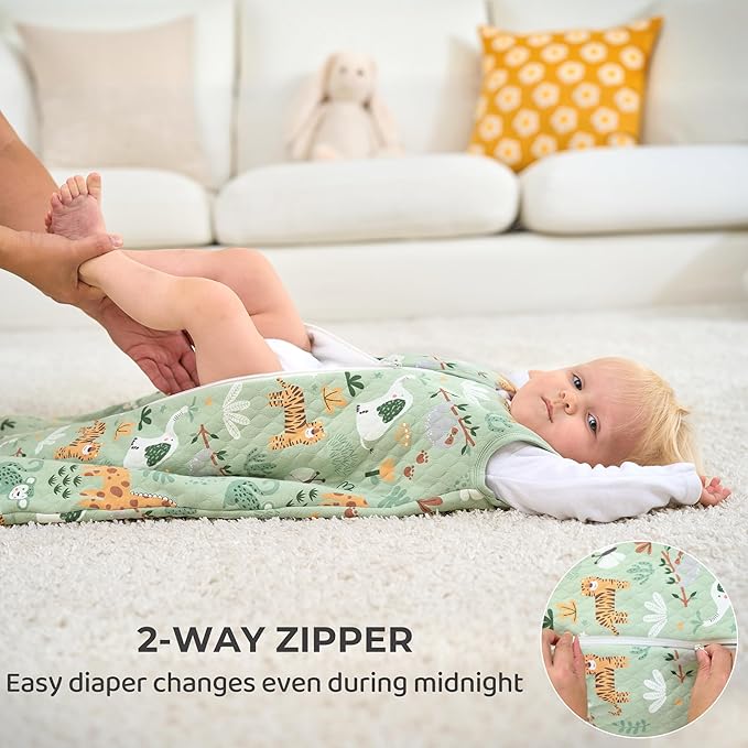 FIEMOL Baby Sleep Sack 12-18 Months 2.5 TOG, Winter Cotton Sleepsack for Toddler, Warm Quilted Baby Wearable Blanket, Baby Sleeping Bag with 2-Way Zipper Green Animal