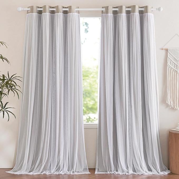 NICETOWN Faux Linen Blackout Curtains with Sheer Overly 84 inch Long for Living Room Bedroom, Grommet Thermal Insulated Curtain Panels for Kids Baby Room, 52" Wide per Panel, 2 Panels, Anogra