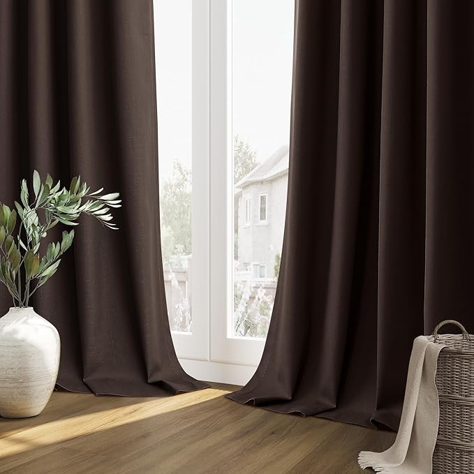 Guken Brown 100% Blackout Curtains 72 Inch Length 2 Panels Set for Living Room Bedroom Back Tab Thermal Insulated Black Out Linen Drapes Room Darkening Window Curtains 52 Inches Width