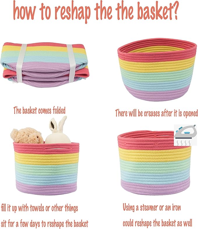 Woven Cotton Rope Storage Baskets - 3-Pack Round Bins for (10x10x7'') Shelves, Closets & Bookcases | Durable Rope Organizers for Nursery, Baby, Gifts, Easter & More (rainbow)