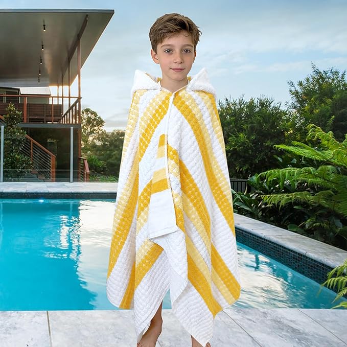 Hooded Bath Towel for Teens/Big Kids (8-14 Years,55"X28") | Soft FluffyQuick Dry Absorbent 100%Cotton Thick Towel Wrap | Versatile Beach, Pool, Swim & Bath Cover-Up | Pale Yellow Vertical Stripe
