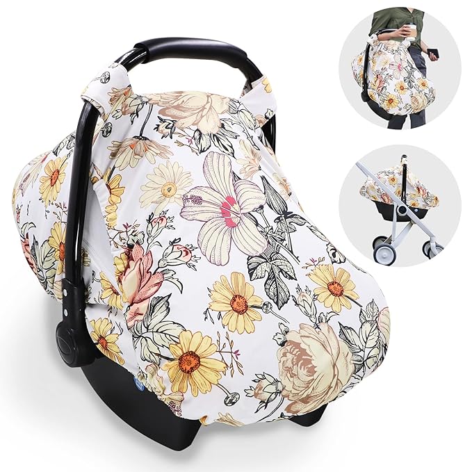 Floral Baby Car Seat Cover for Girl,Infant Carseat Canopy Sun Cover,Baby Carrier Cover with Zipped Peep Windows and Breathable Mesh, Stretchy 3in1Multi-use Stroller Cover