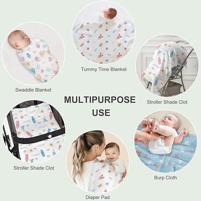 Muslin Swaddle Blankets for Newborn, 4-Pack Breathable Receiving Baby Blanket, Large 47 x 47 Inches Swaddling Wrap for Boys and Girls (Ocean Adventure)