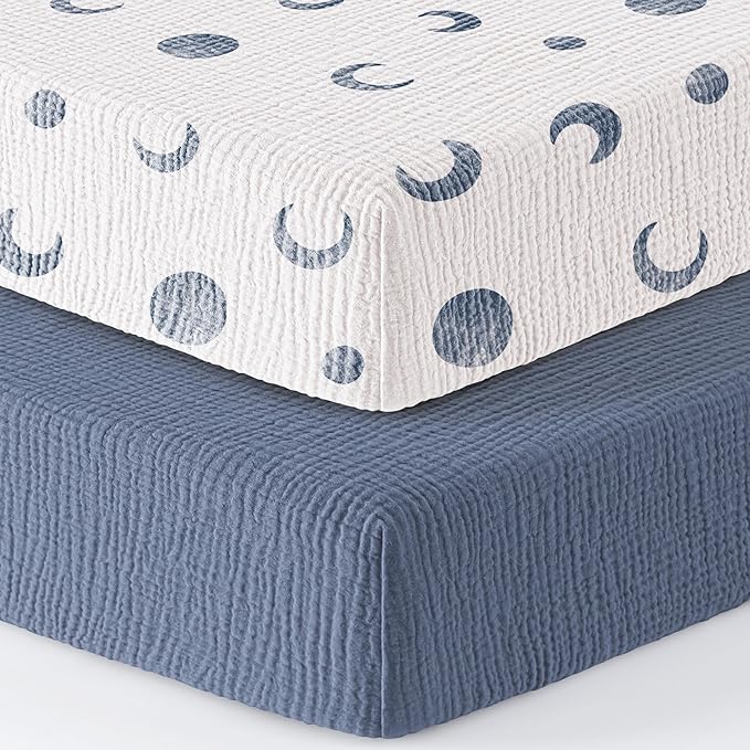 Bearmoss Muslin Crib Sheets 100% Cotton Baby Crib Sheets Soft&Breathable Nursery Sheet 52"x28" for Standard Crib Mattress&Toddler Bed Mattress - 2 Pack (Blue Crescent)