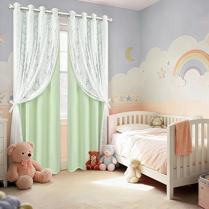 Yinhua Green Curtains for Living Room Blackout Curtains for Bedroom 84 Inches Long Double Layer Curtain with Tiebacks, Thermal Insulation Grommet Drapes for Nursery Dining Room, 52" W x 84" L