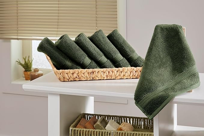 Ozdilek 6-Piece Washcloth Set 13x13 100% Turkish Cotton, 600 GSM, Soft, Gentle on Sensitive Skin, Multi-Purpose Use, Washable, Reusable, Ideal for Baby Care & Spa 6 Towels (Fern Green)
