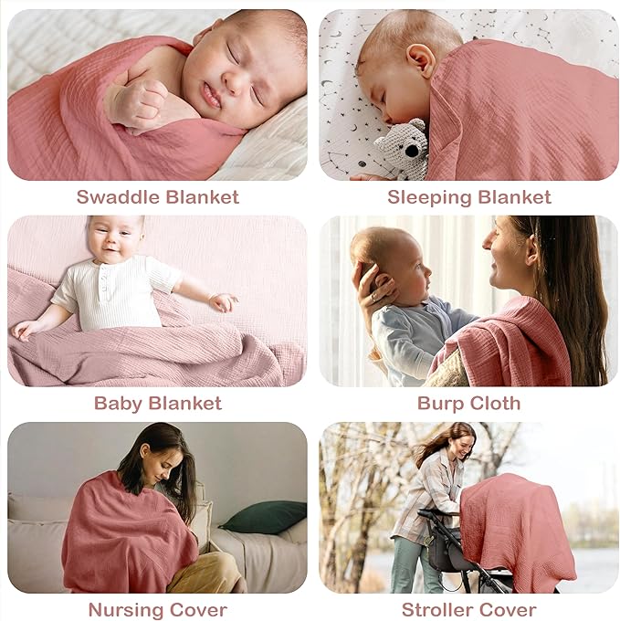 100% Organic Cotton Muslin Baby Blanket - 47 x 47 Inch Breathable Muslin Baby Girl Blanket, Hypoallergenic Double-Layer, Soft and Cozy Newborn Baby Blanket for Everyday Use (Rose/Peach)