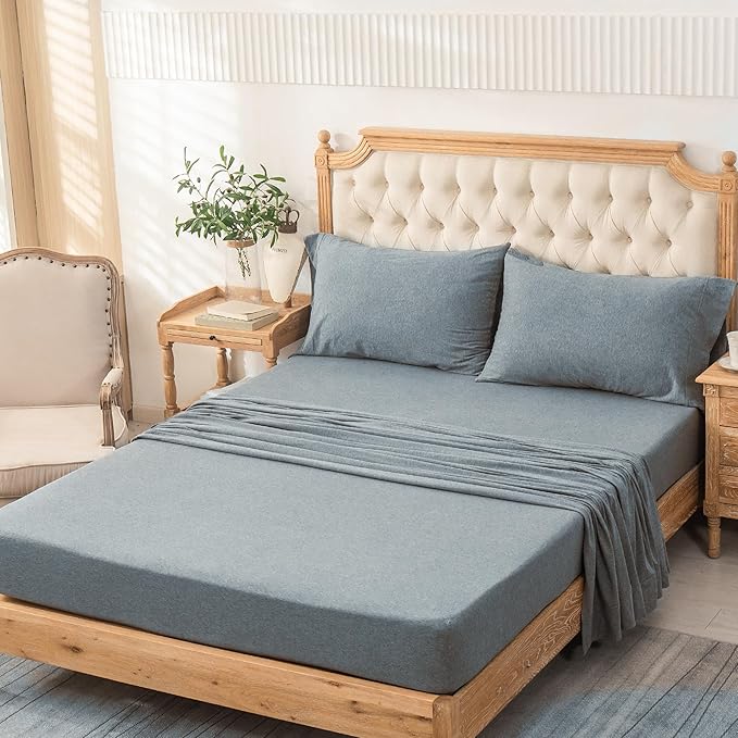 PURE ERA Jersey Knit 4pc Bed Sheet Set 100% T-Shirt Cotton Super Soft Comfy Breathable Fits Mattress Up to 20" Extra Deep Pocket (Heather Blueish Grey, Twin)
