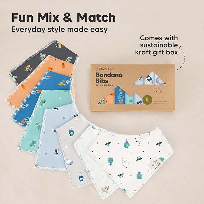 KeaBabies 8-Pack Organic Baby Bandana Bibs for Boys, Girls - Super Absorbent Triangle Baby Bibs for Drooling and Teething Infant, 100% Cotton Extra Soft for Newborn, Infant 0-36 Months (Cosmo)