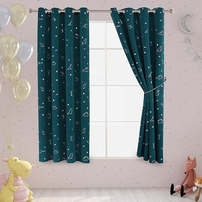 LORDTEX Dinosaur and Star Foil Print Blackout Curtains for Kids Room - Thermal Insulated Curtains Noise Reducing Window Drapes for Boys and Girls Bedroom, 52 x 45 Inch, Sapphire, Set of 2 Panels
