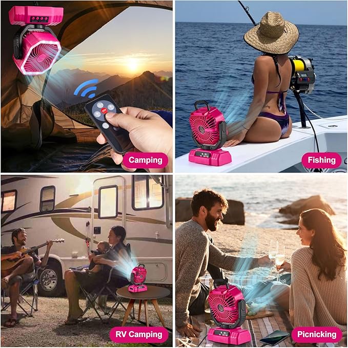 Odoland Portable Camping Fan with LED Lantern, 20000mAh Rechargeable Battery Powered Fan with Auto Oscillation, Timer, Remote, 360° Rotation Hook, 4 Speeds for Power Outage Travel Home, Pink