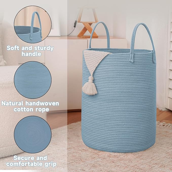 Large Woven Laundry Basket Hamper,100L Cotton Rope Storage Bin for Blankets,Toys and Clothes,Decorative Tall Nursery Hamper for Living Room,Baby Nursery,Bathroom and Bedroom,Blue