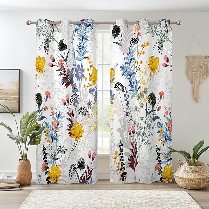 Renaiss Botanical Plants Blackout Curtains, Wild Flowers Plants Print Thermal Insulated Bedroom Window Curtains, Boho Floral Window Drapes for Living Room, 63" L x 53" W 2 Panel Set