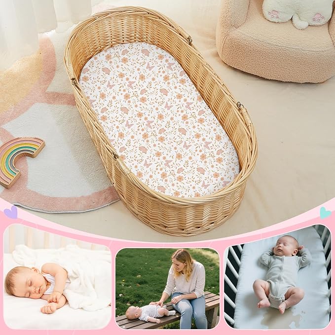 FIOBEE Baby Bassinet Sheets for Girls Boys 2 Pack Waterproof Bassinet Mattress Elastic Fitted Crib Sheets Universal Fit for Hourglass Oval and Rectangle Bassinet Sheet, Pink