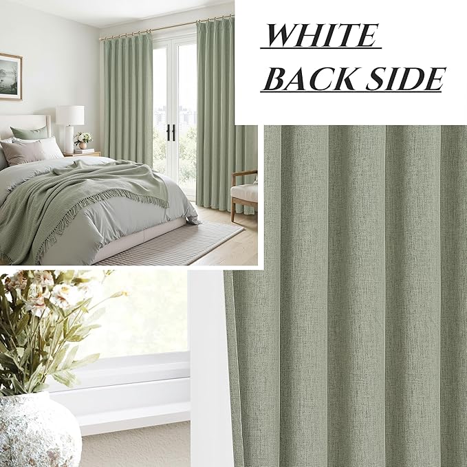 Sage Green Blackout Linen Curtains 108 Inches Long for Living Room Bedroom, Pinch Pleated Boho Light Drapes Viral Window Curtain with Pinch Pleat Clips Thermal Insulated (40"Wx108"Lx2Panels Sage)
