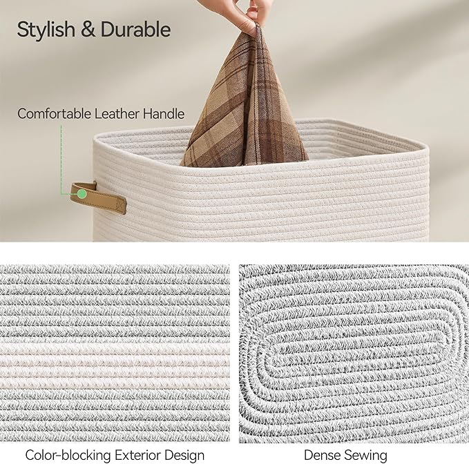 87L Laundry Hamper,Laundry Basket with Leather Handles,Woven Storage Basket for Toys,Pillows,Blankets,Clothes,Grey White