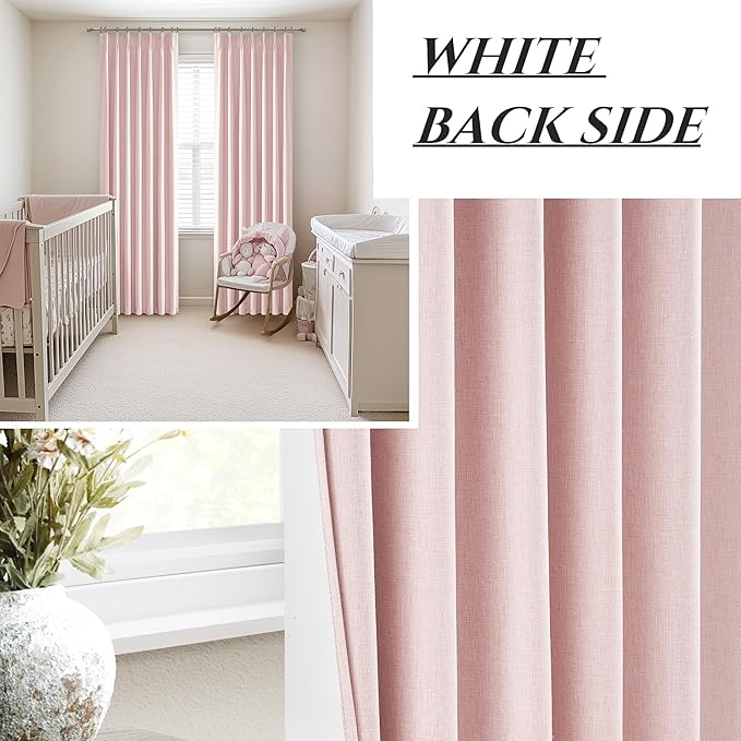 Baby Pink Black Out Curtains 92 Inch Long for Grils Bedroom 2 Panels Set, Cute Pinch Pleat Flax Linen Dining Room Darkening Window Drapes with Back Tab Insulated Soundproof Curtain (W40" x L92")