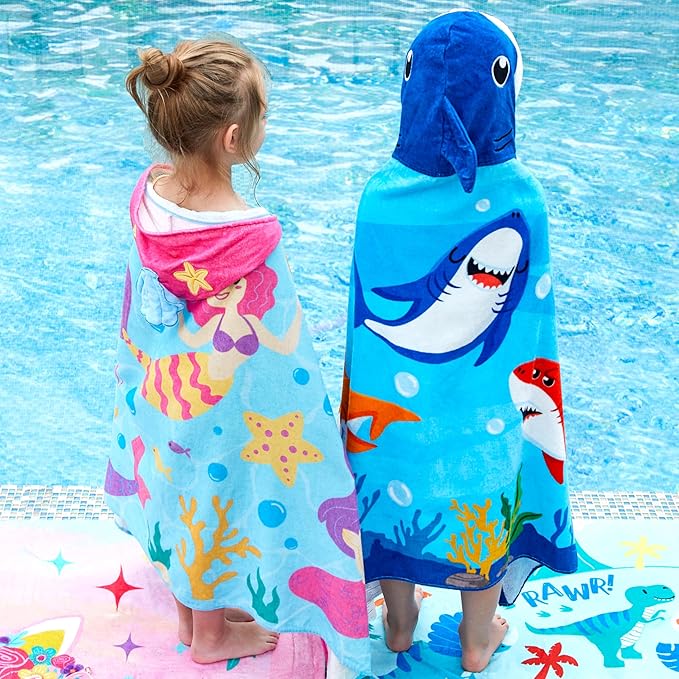 Joiedomi Mermaid Hooded Towels for Kids Soft 100% Cotton Kids Beach Towel 30" x 50" for 3-10 Years Boy Girl Beach Hooded Poncho Absorbent Pool Toddler Swim Bath Wrap