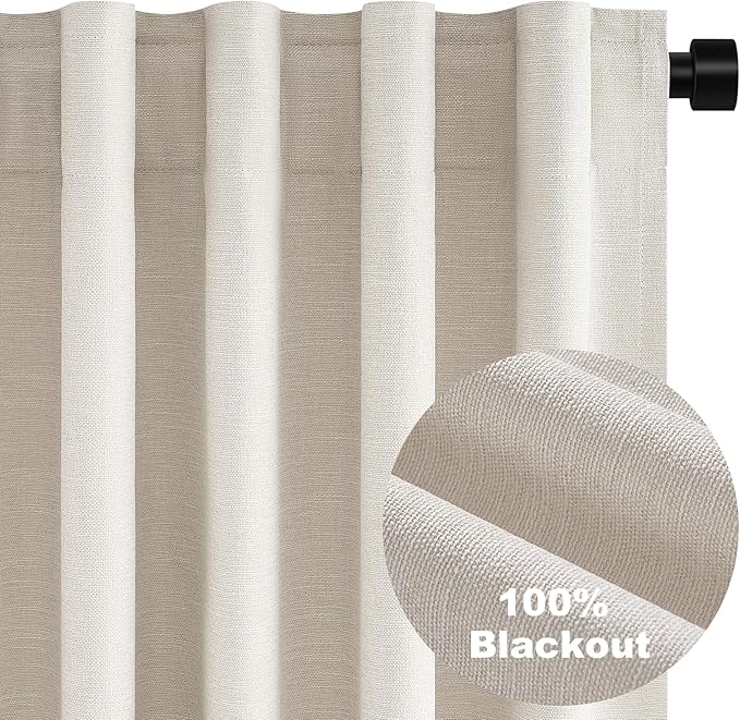 Short Linen Blackout Curtain Tiers 48 Inches Long 2 Panels Set Ivory Birch Thick Linen Texture Curtain Drapes for Small Window Heat Blocking Thermal Insulated Kitchen Bathroom Basement loft(52"Wx48"L)