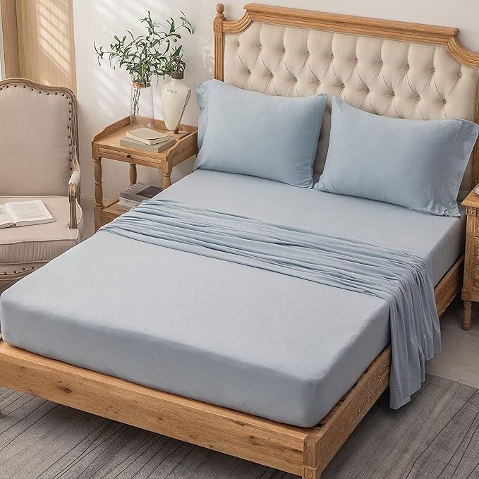 PURE ERA Jersey Knit 4pc Bed Sheet Set 100% T-Shirt Cotton Super Soft Comfy Breathable Fits Mattress Up to 20" Extra Deep Pocket (Solid Light Blue, Queen)