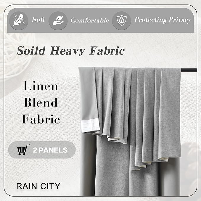 RAIN CITY Long Blackout Curtains 144 Inch Long 2 Panels Grey, Back Tab Pleated Look Drapes for Track System with Hooks, Noise Reducing Spring Blackout Winodw Curtains for Living Room 50x144