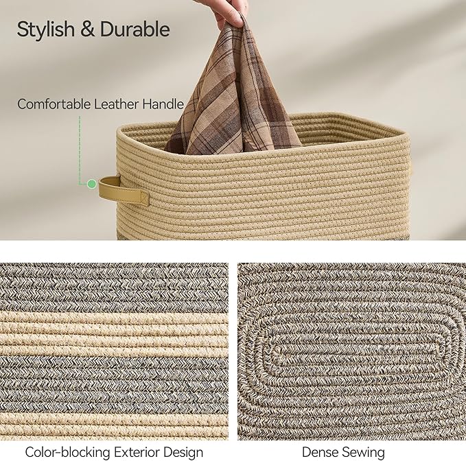 Laundry Hamper,Laundry Basket with Leather Handles,Woven Storage Basket for Toys,Pillows,Blankets,Clothes,Dark&Brown