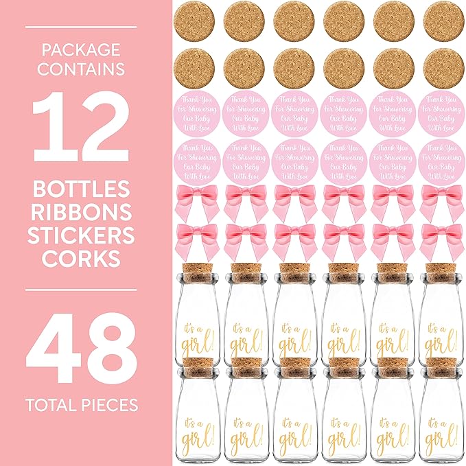 Ethisa Vintage 12 Pack It's a Girl Milk Glass Bottles with Ribbons and Stickers - Classy Baby Shower Favors for Guests and Table Centerpieces - Gender Reveal Girl Decorations - Baby Shower Candy Jar