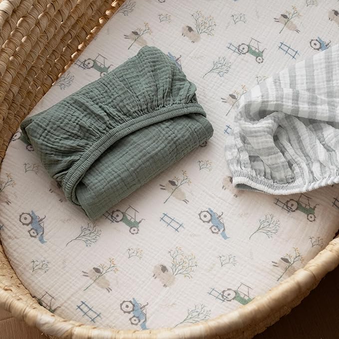 Gllquen Baby Muslin Bassinet Sheets 3 Pack, Breathable Elastic Cozy Fitted Cotton Bassinet Mattress Sheet for Baby Boy Girls, Fit for Hourglass Oval Rectangular Cradle Pad Sheets 33"x17" (Car)
