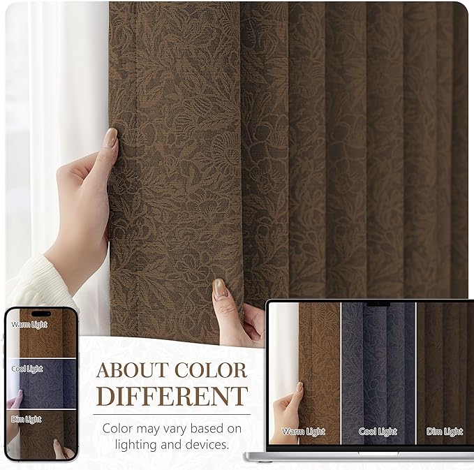 Metro Parlor Brown Floral Blackout Curtains 63 Inch Length for Bedroom, Jacquard Chenille Patterned Vintage Flower Curtains for Living Room Darkening Thermal Insulated Grommet Window Drapes, 2 Panels