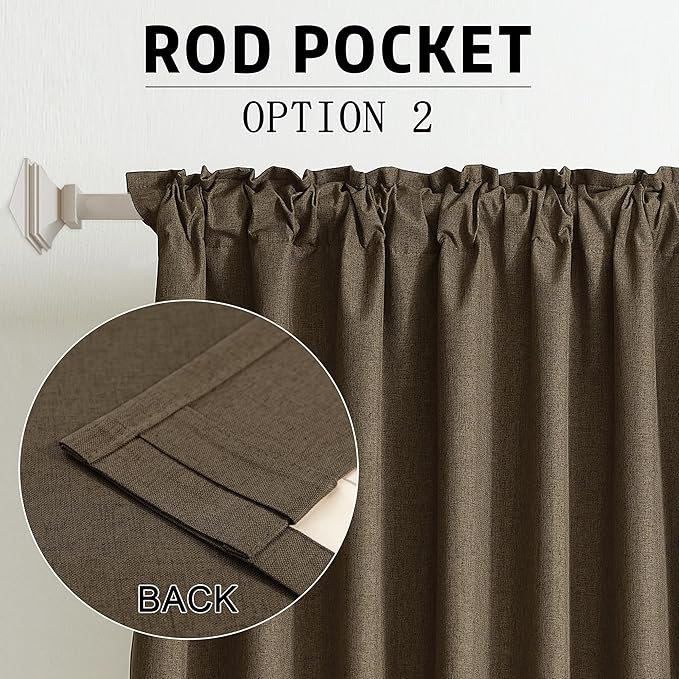 DUALIFE Blackout 96 Inches Long Brown Curtains 2 Panel Set, Farmhouse Curtains for Living Room Darkening Thermal/Noise Reduction Textured Flax Linen Drape 8ft Rod Pocket&Back Tab 72W x 96L