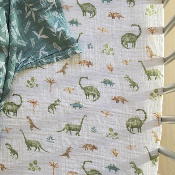 aden + anais Essentials Classic Crib Sheet, 100% Cotton Muslin, Super Soft & Breathable, Tailored Snug Fit, Dino Jungle