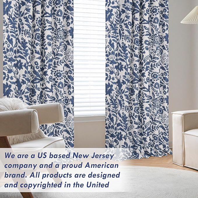 DriftAway Julia Watercolor Blackout Room Darkening Lined Thermal Insulated Energy Saving Window Curtains 2 Layers 2 Panels Each Size 52 Inch by 84 Inch Navy Blue Beige Linen