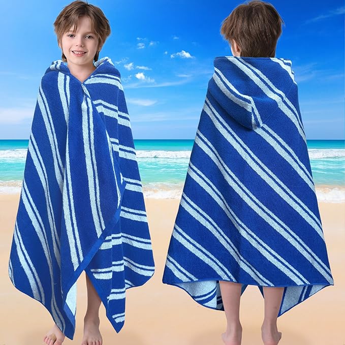 VOOVA & MOVAS Hooded Bath Towels for Kids (3-10Years,27.5"x55"),100% Cotton Absorbent Soft Towel Wrap for Toddler Boys,Perfect for Bathroom | Pool | Beach | Swimming, Jacquard Blue Stripe