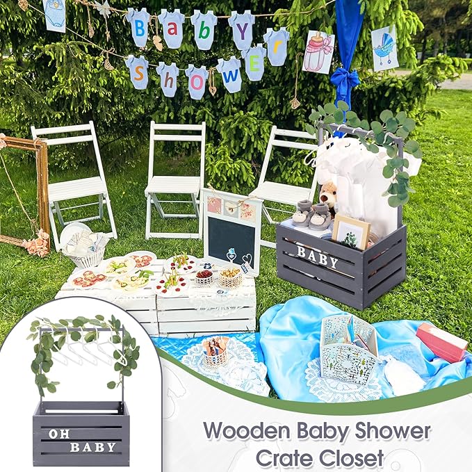 Barydat Wooden Baby Shower Crate Closet, Baby Basket with Handle, Personalized Basket Gifts, Easy Assembly Baskets for Newborn Boy Girl Welcome Gift for New Mom Parents(Gray)
