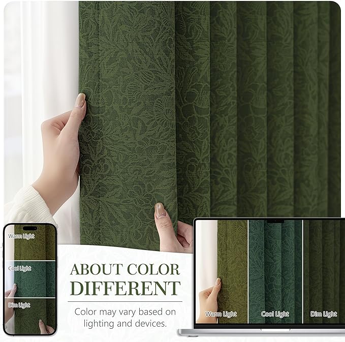 Metro Parlor Green Floral Blackout Curtains 96 Inches Long for Bedroom, Jacquard Chenille Patterned Vintage Flower Curtains for Living Room Darkening Thermal Insulated Grommet Window Drapes, 2 Panels