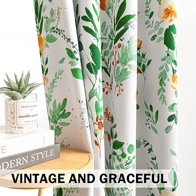 MYSKY HOME Floral Blackout Curtains 63 inch Long 2 Panels Set for Bedroom - Flower Patterned Room Darkening Light Blocking Grommet Window Treatments, 52" W Each Panel, Yellow and Green