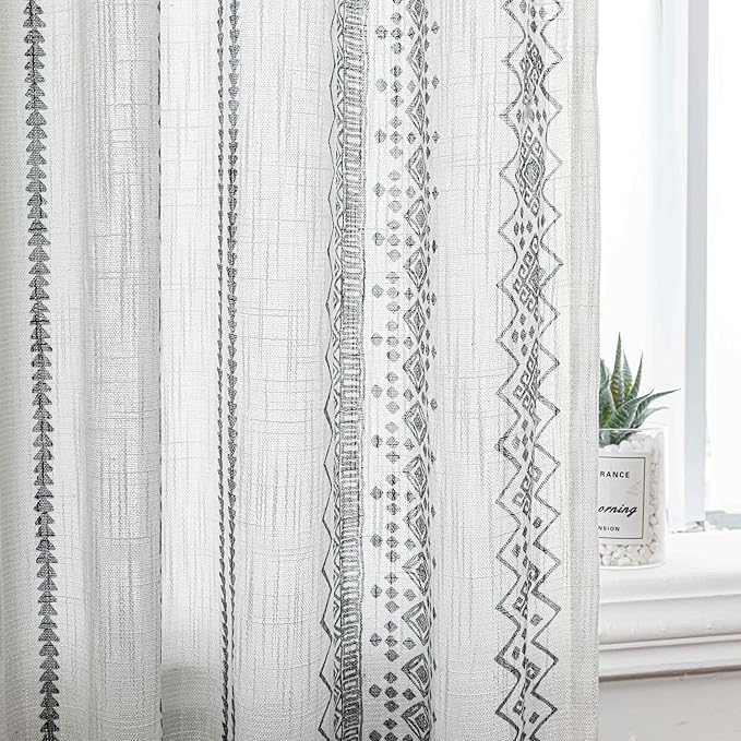 MEETSKY Curtains 63 Inches Long for Living Room Geometric Light Filtering Cotton Back Tab Curtains 2 Panels Printed Semi-Sheer Window Drapes Home Decorative Rod Pocket Drapes for Bedroom