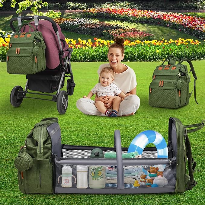 Baby Diaper Bags with Changing Station Multifunctional Waterproof Diaper Bag Backpack Travel Baby Bag with Changing Pad, Pacifier Case,Baby Essentials(Army Green)
