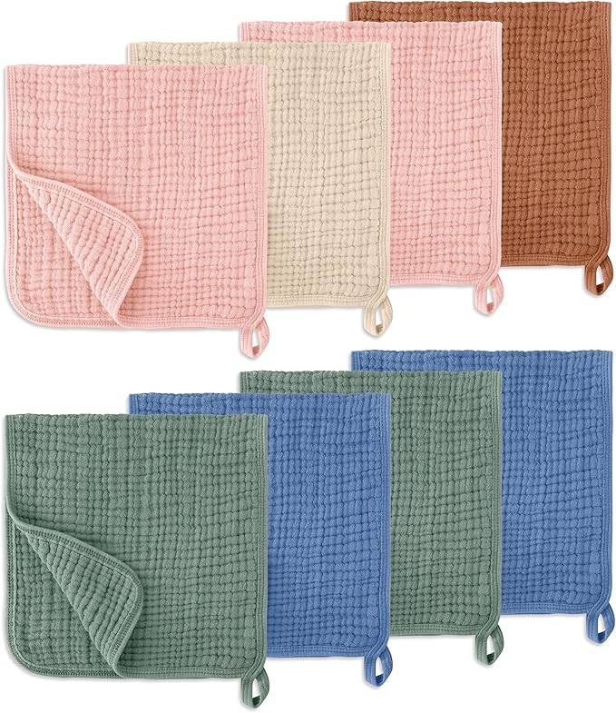 LILY O LAUREL Muslin Burp Cloths, 20"x10"- Pack of 8, 6 Layers Super Soft Absorbent & Breathable 100% Cotton for Baby Drool and Messes, Burp Cloth Baby Boy and Burp Cloths Baby Girl