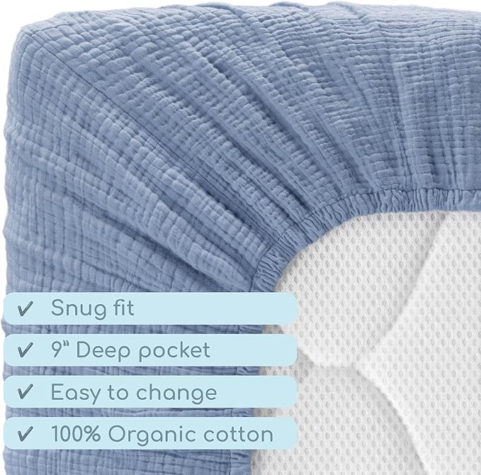 Muslin Crib Sheets, 100% Organic Cotton, Breathable and Ultra-Soft, Standard Crib Sheet Mattress (28"x 52") for Girls and Boys, Neutral Fitted Baby Crib Sheet (Blue)